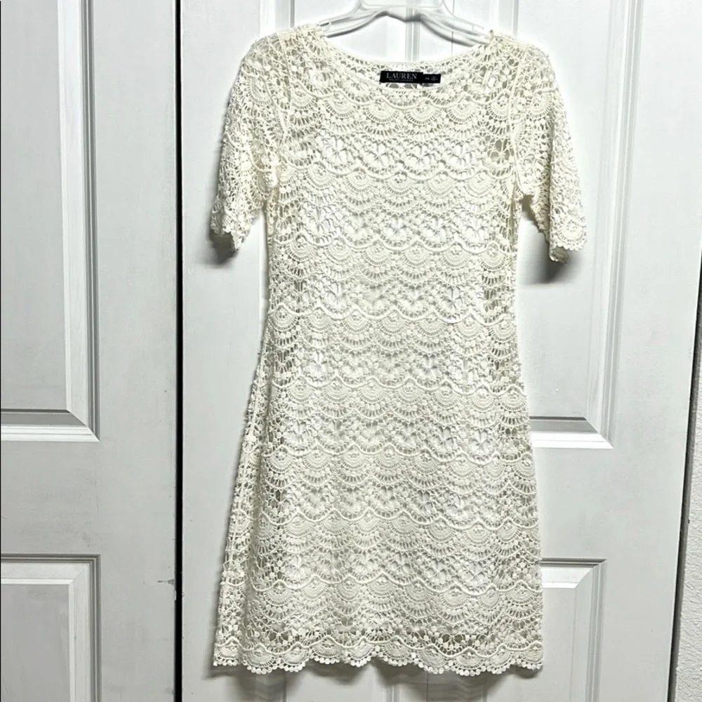 Ralph Lauren Black Label Cream Short Sleeve Cotton Crocheted MIDI Dress Size XS